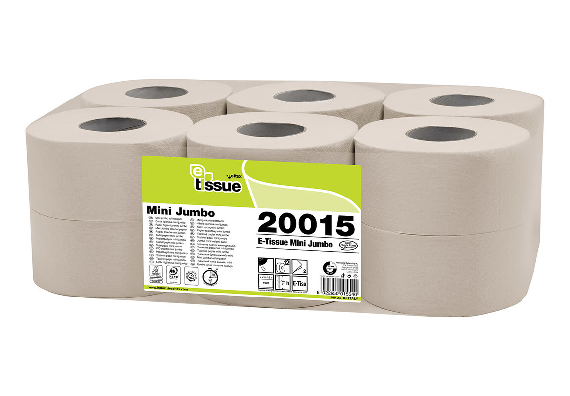 Toaletni papir Jumbo Mini, E-TISSUE, 2-slojni, 150 TM (12/1) Toaletni-papir/C20015